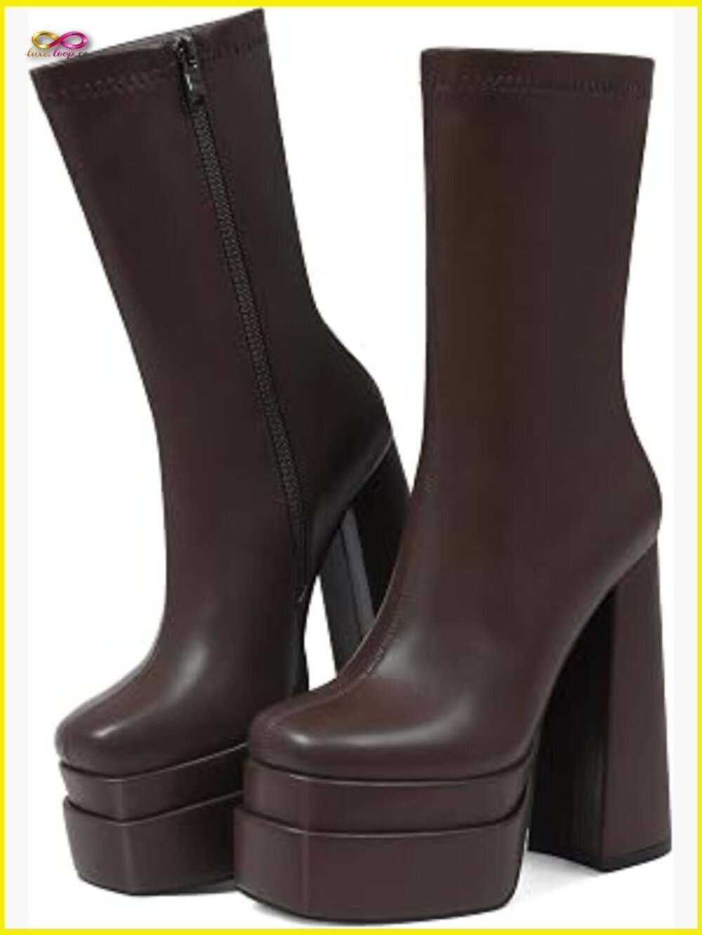 White Chunky Heel Platform Knee High Stretch GoGo Boots Square Toe Y2K
